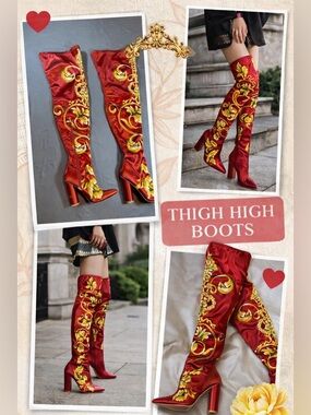 Sergio Todzi Red Floral Thigh High Boots Size 39 Statement Satin Heels